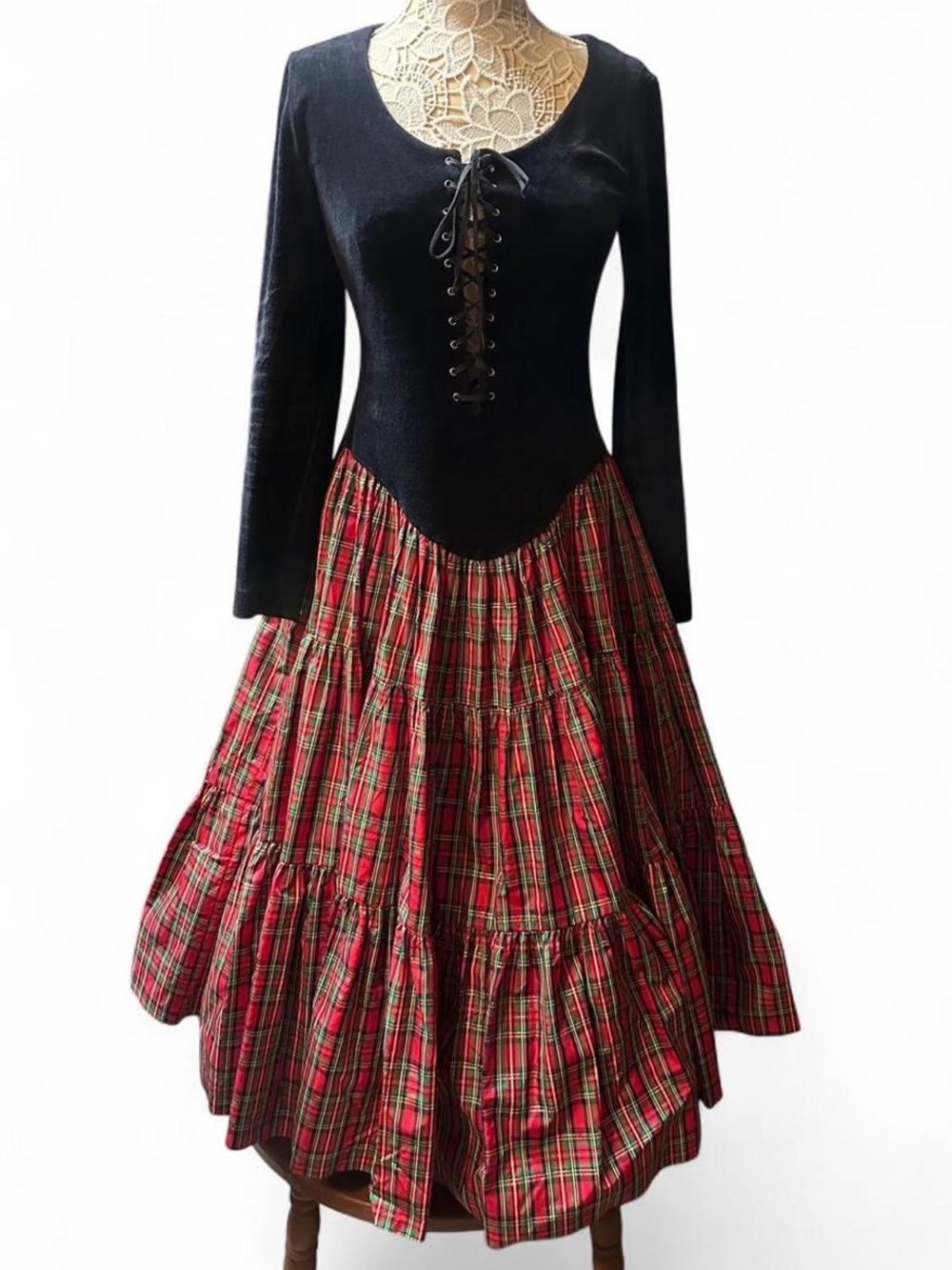 Betsey Johnson Black Lace-Up Bodice Red Tartan Skirt Dress